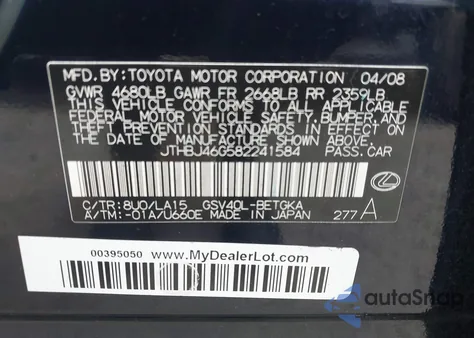 2008 Lexus Es 350 z USA, uszkodzony, nr VIN JTHBJ46G582241584